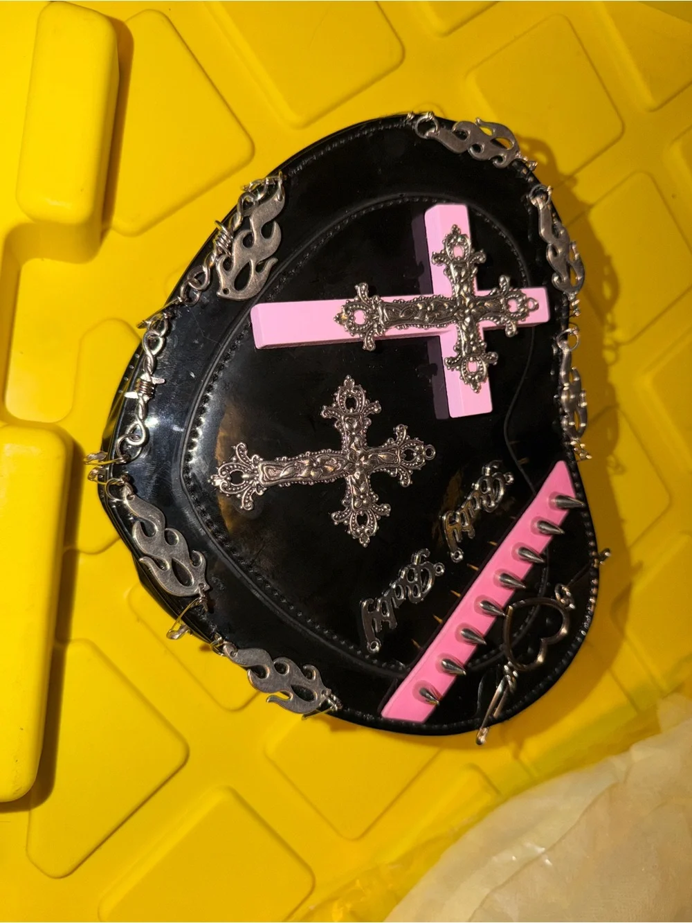 Heart-Shaped Gothic Cross Accent Shoulder Bag in Black and Pink